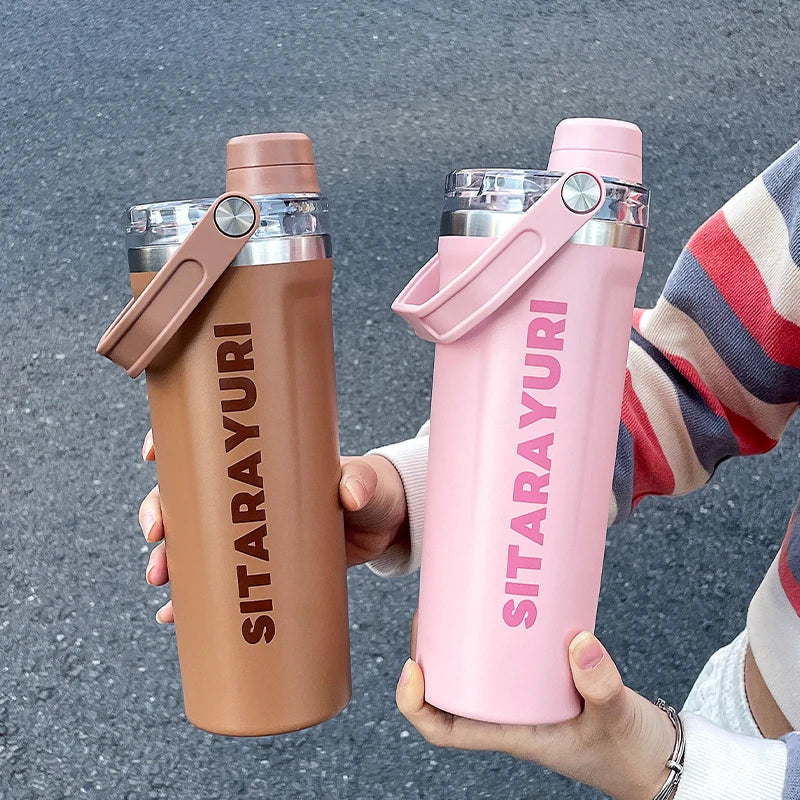 1pc 800ml magnetic lid insulated water bottle, minimalist letter print handle water cup, office and outdoor insulated cup