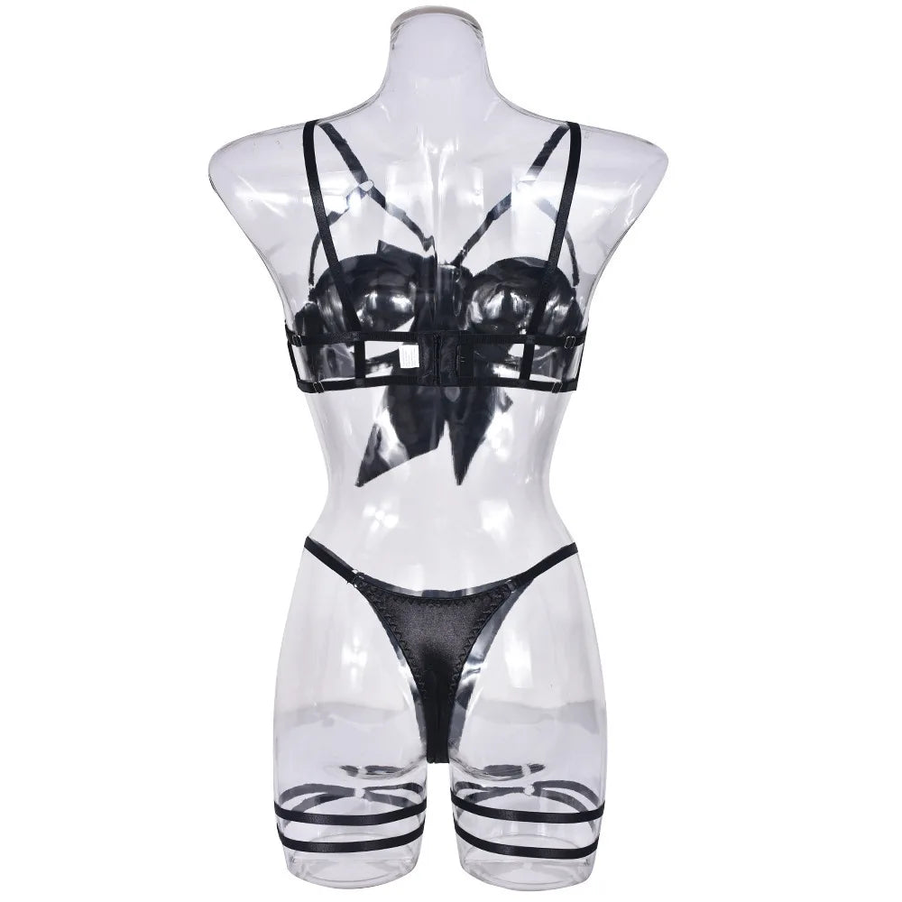 Lingerie's new hot selling European and American lingerie with exquisite bow and hollow out sexy three piece set with steel ring