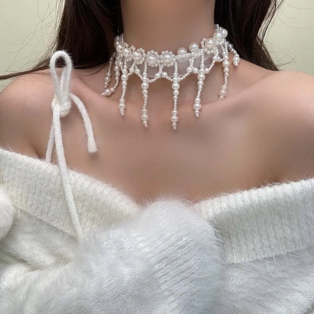 Neck Pendant White Pearl Lace Choker Alloy Creative Tassel Beads Necklace French Style Collarbone Chain Mesh Neck Jewelry Women