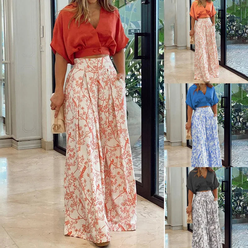 Pant Sets Summer New Bat Sleeve Print Shirt & Wide Leg Pants Two Piece Set for Women Fashion Women's Suit Chic and Elegant Set