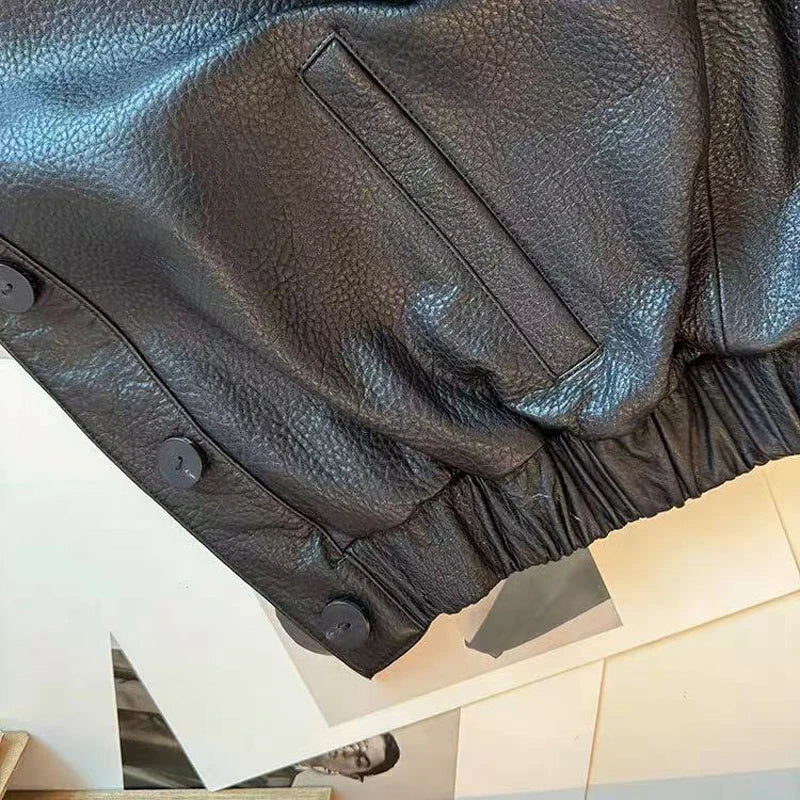 Retro Leather Bomber Jackets for Women Genuine Foam Leather Bubble Texture Short Coat Female Square-Cut Lapel Slim Fit Chaquetas