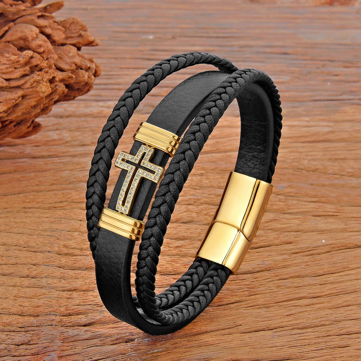 Mens Bracelet Fashion Hand-made Leather Personality Religion Jewelry Brass Microinlay Cubic Zirconia Bangles for Women Gifts