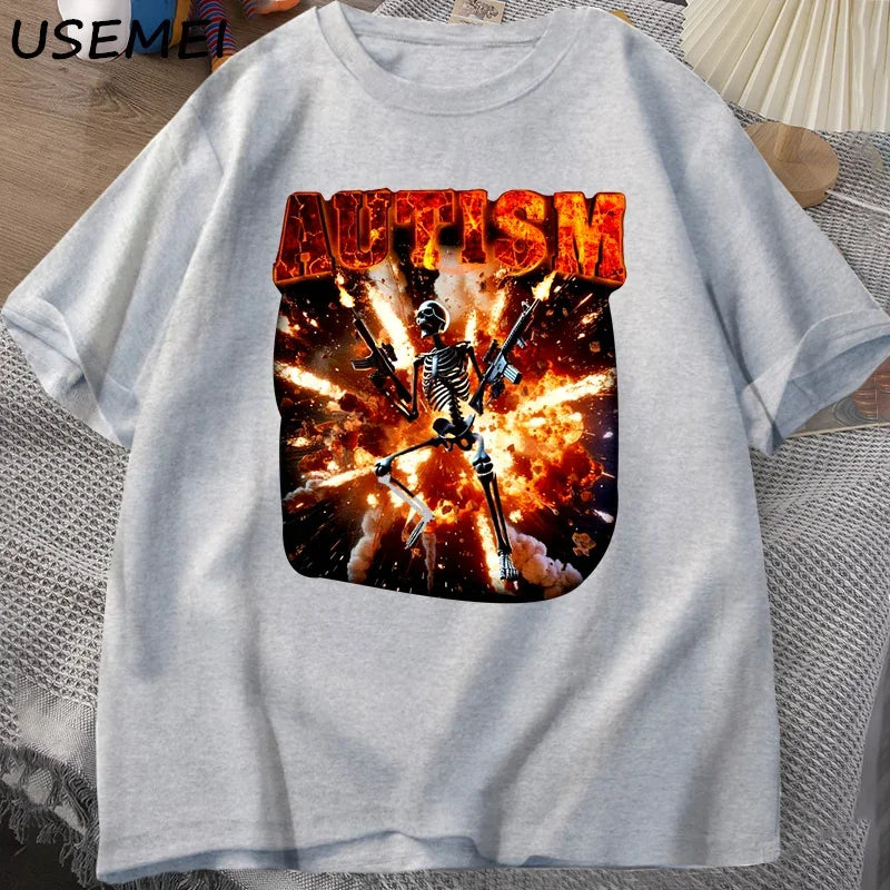 Autistic Funny Skeleton T Shirt Women Men Autism Edgy Skeleton Meme T-shirt Casual Cotton Short Sleeve Tshirt Round Neck Clothes