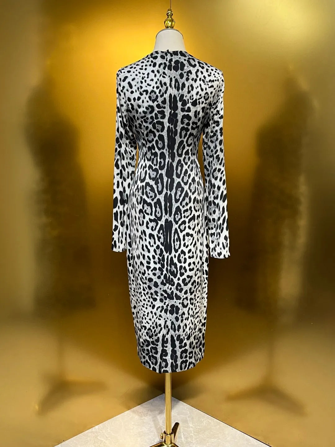 Elegant Women's Party Dress 100% Silk | Luxury Designer Black Leopard Print Midi | Evening Cocktail Gown | Spring 2025 Runway