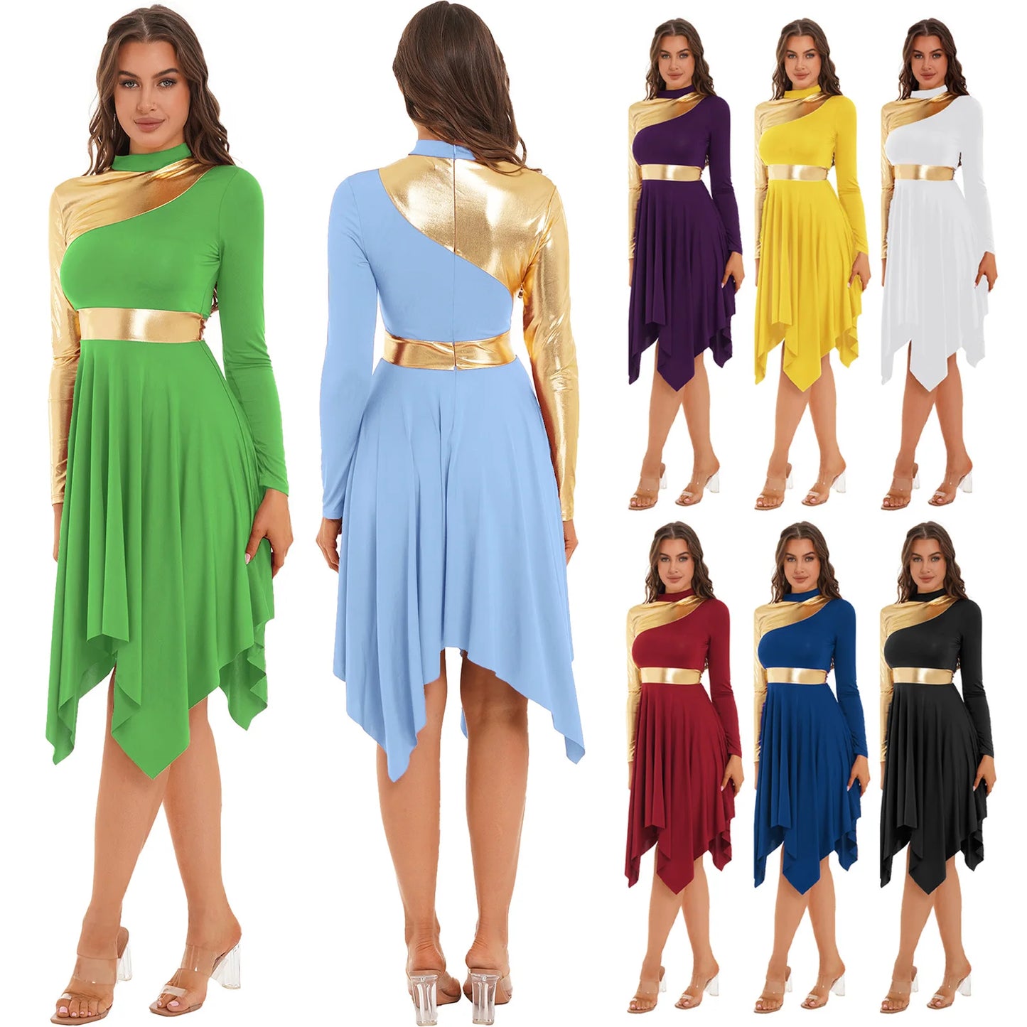 Women Modern Lyrical Dance Dress Waltz Ballroom Performance Costume Church Choir Worship Gown Long Sleeve Shiny Dancewear