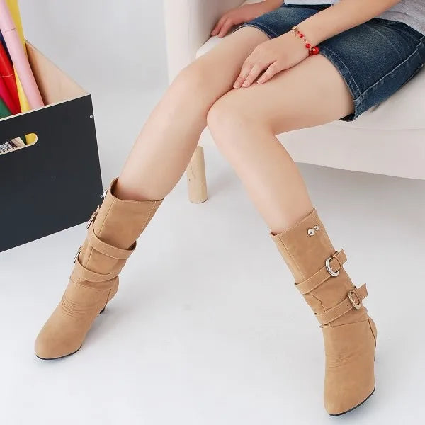 2026 New Fashion Women Boots Chunky Heeled Casual Round Toe Woman Shoes Autumn Winter Mid-Calf Boots Women with Buckle  WSH3476