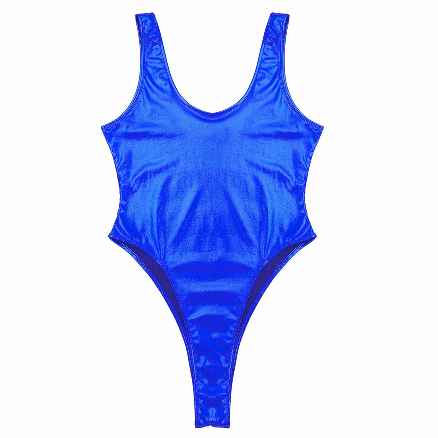 Mens Glossy Bodysuit Fashion One-piece Swimsuit Sleeveless High Cut Wetlook Faux Leather Stretch Leotard Unitard Bathing Suit