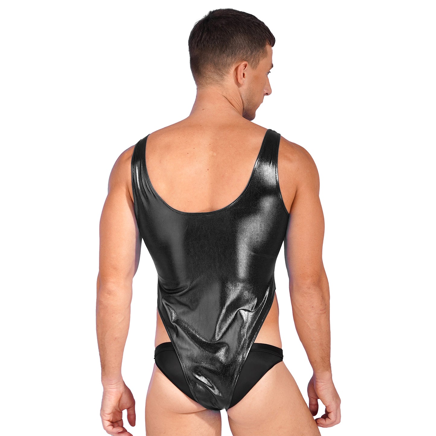 Mens Glossy Bodysuit Fashion One-piece Swimsuit Sleeveless High Cut Wetlook Faux Leather Stretch Leotard Unitard Bathing Suit