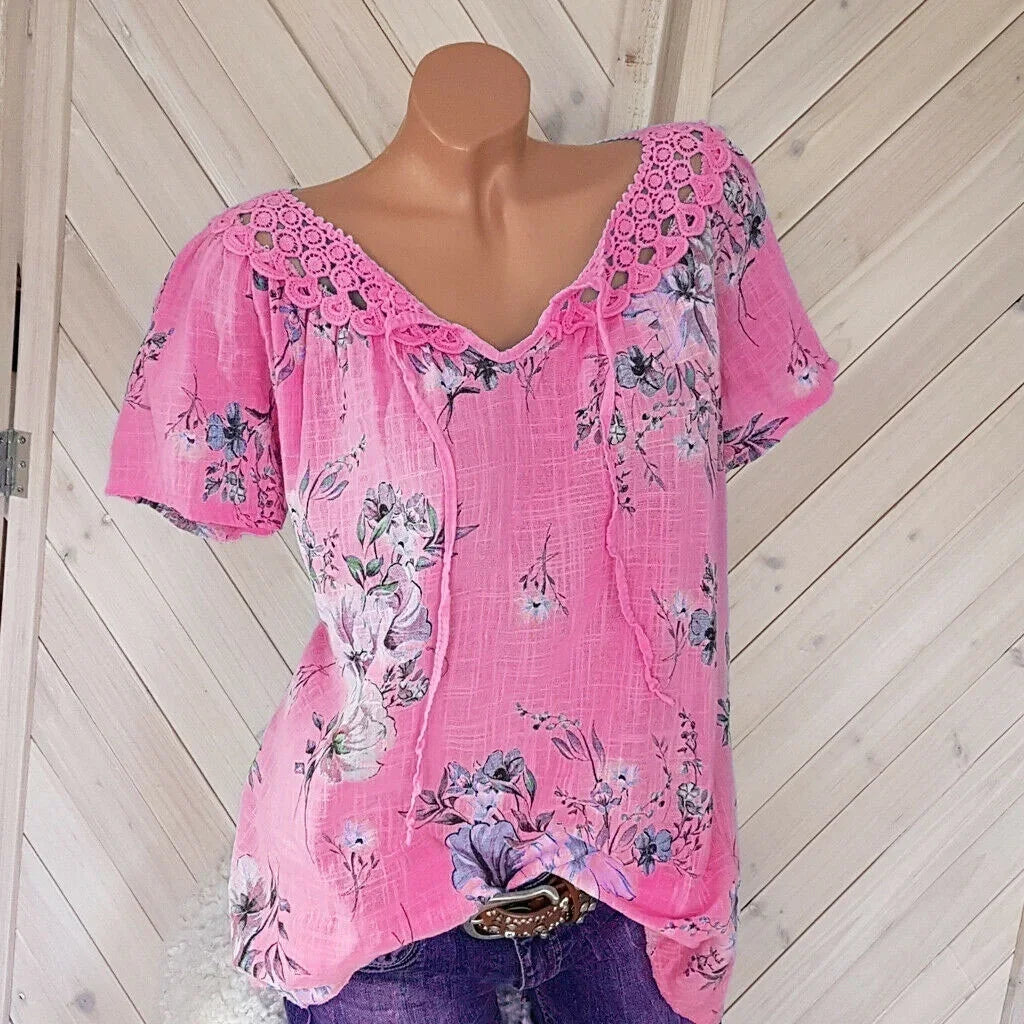 Women Summer Fashion Trendy Short Sleeve Lace Up Floral Print Blouses Tops  T-Shirts Casual Summer Lace Stitching Shirts