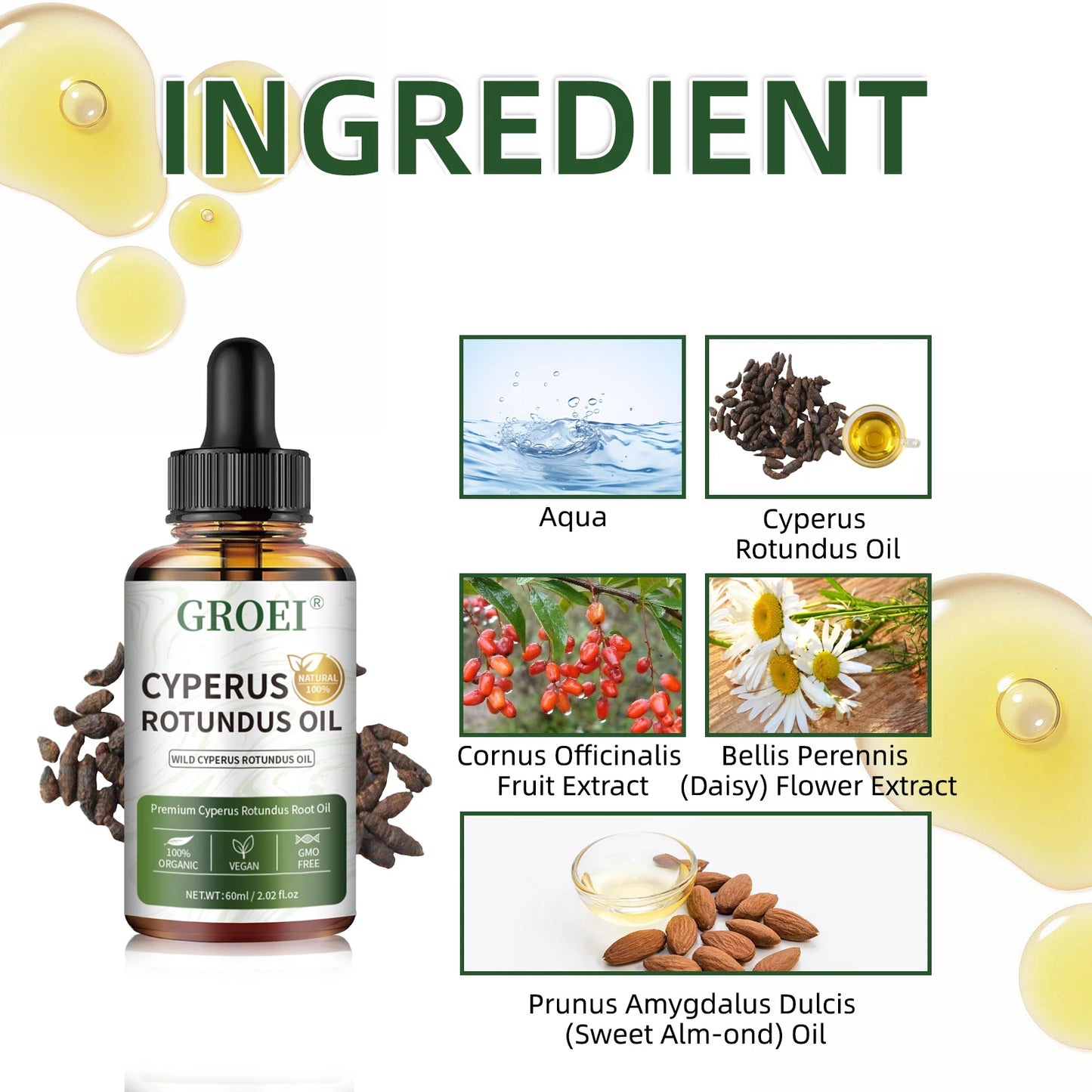 60ml Natural Organic Cyperus Rotundus Oil for Hair Growth Reduction, Post-Shave Care, Vegan & Non-Irritating Skin Moisturizer