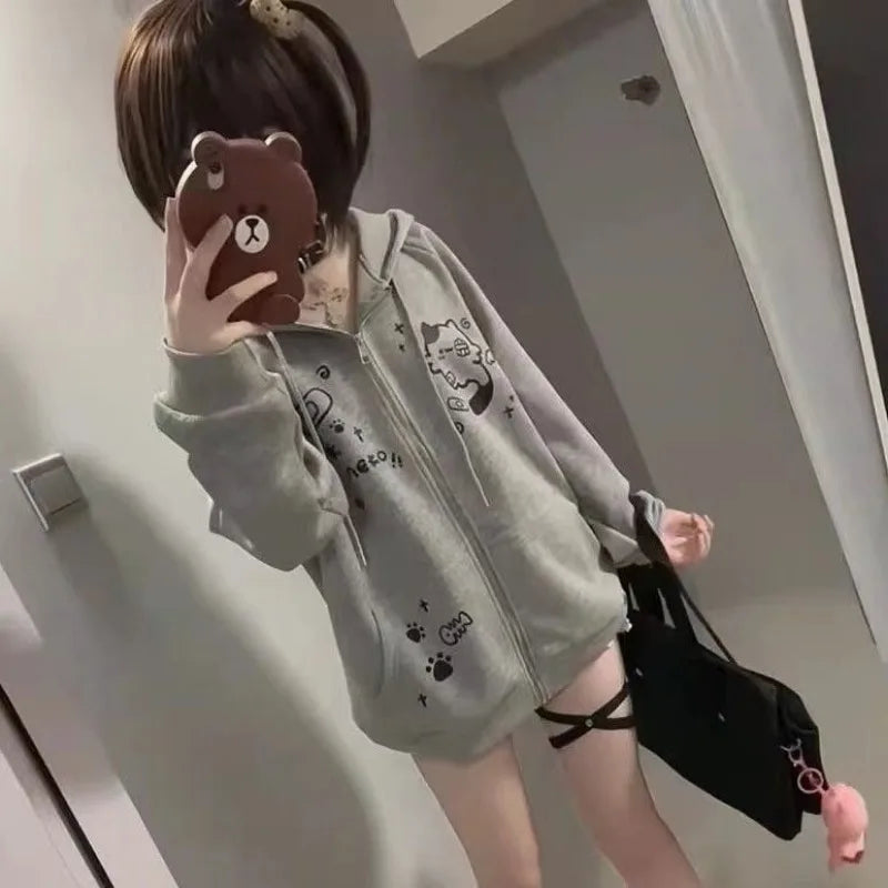 Spring Autumn Jackets Cute Cats Print Zip Up Hoodie Women Streetwear Sweatshirt Y2k Tops Cartoon Japanese Coat Grunge Black Gray