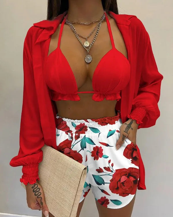 2024 New Bathing Suit Shorts Cover Up Summer Three Pieces Swimwear Sexy Beachwear High Waist Bikini Set Print Women's Swimsuit