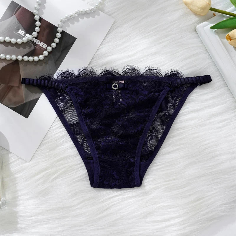 Thongs For Women Sexy Solid Color Lace Panties Low Waist Lingerie Hollow Out Transparent Floral Adjustable Breathable Underwear