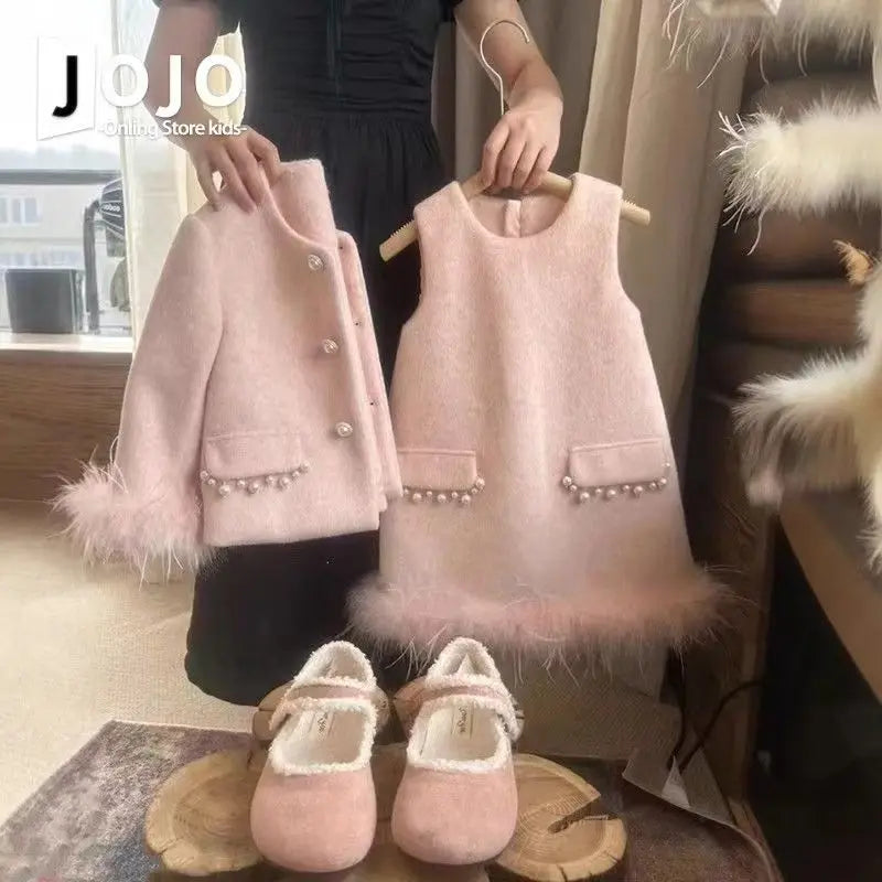 Girls' Korean Children's Clothing Woolen Suit 2025 Winter New Style Western-style High-end Children's Coat Vest Two-piece Set