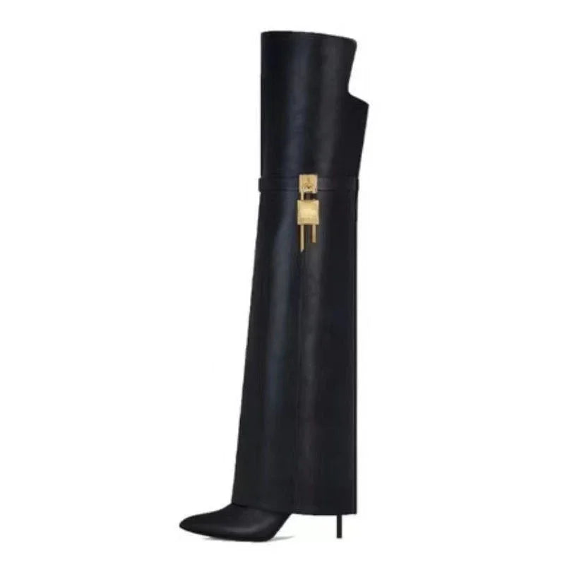 European and American women's fashionable large round toe over knee boots, slim high heels, shark button pants, long boots