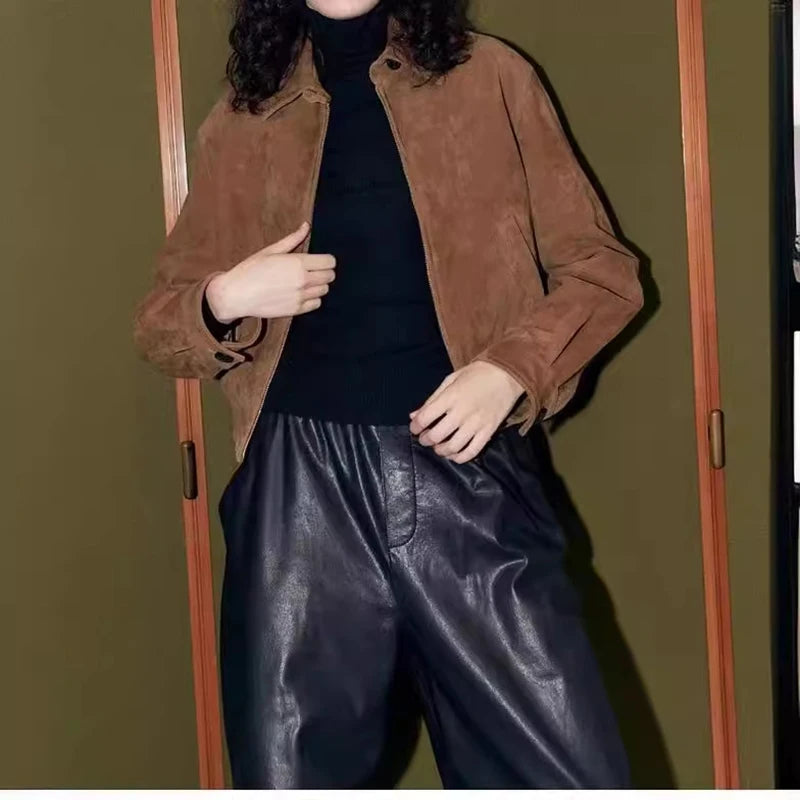 New Goatskin Suede Jacket Autumn Women Coffee Vintage Fashion Maillard Old Money Style Lapel Slim Short Genuine Leather Coat