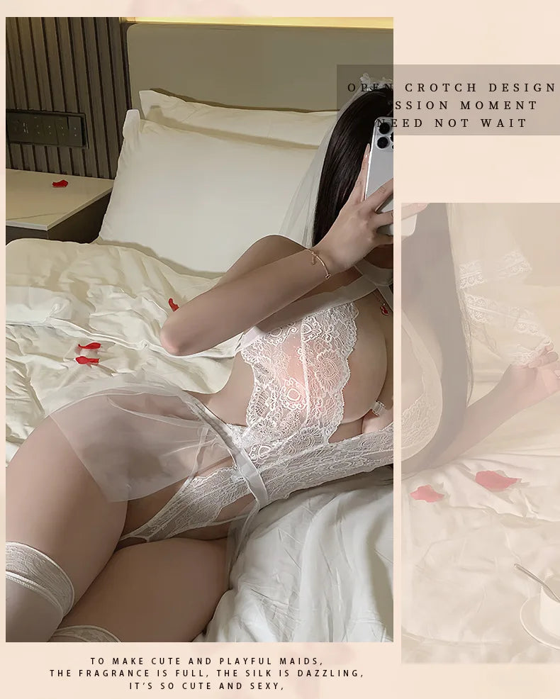 Lingerie Wedding dress lingerie uniform pure desire no need to take off pajamas sexy transparent mesh set sexy women's costume