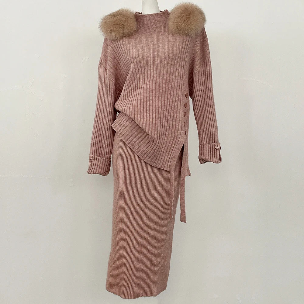Sweater Set Warm suit Women Winter Knitted Suits two Piece Set Natural fox fur collar Sweater + Loose Trousers Office Lady Suit