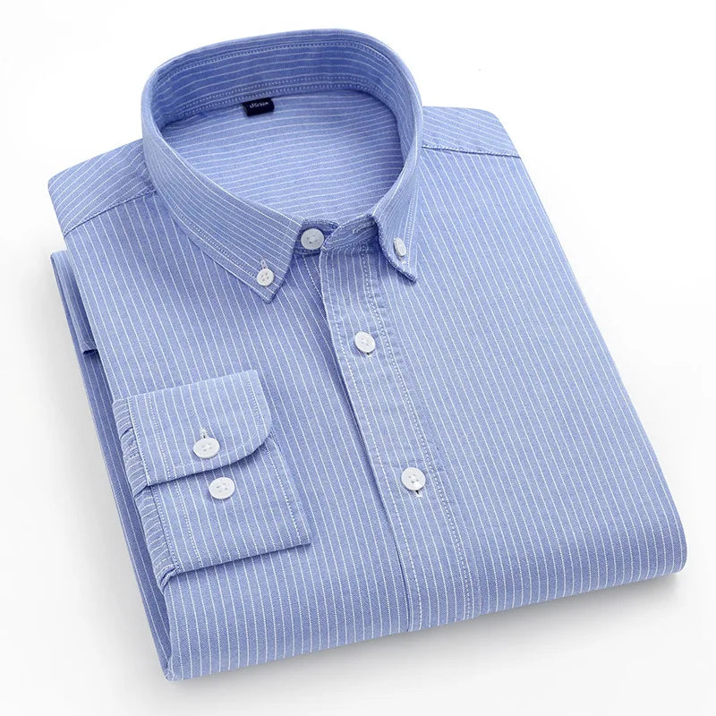 Men's 100% Cotton Oxford Shirt - Breathable Vertical Stripe Slim Fit with  Wrinkle-Resistant Long Sleeve for Business Casual