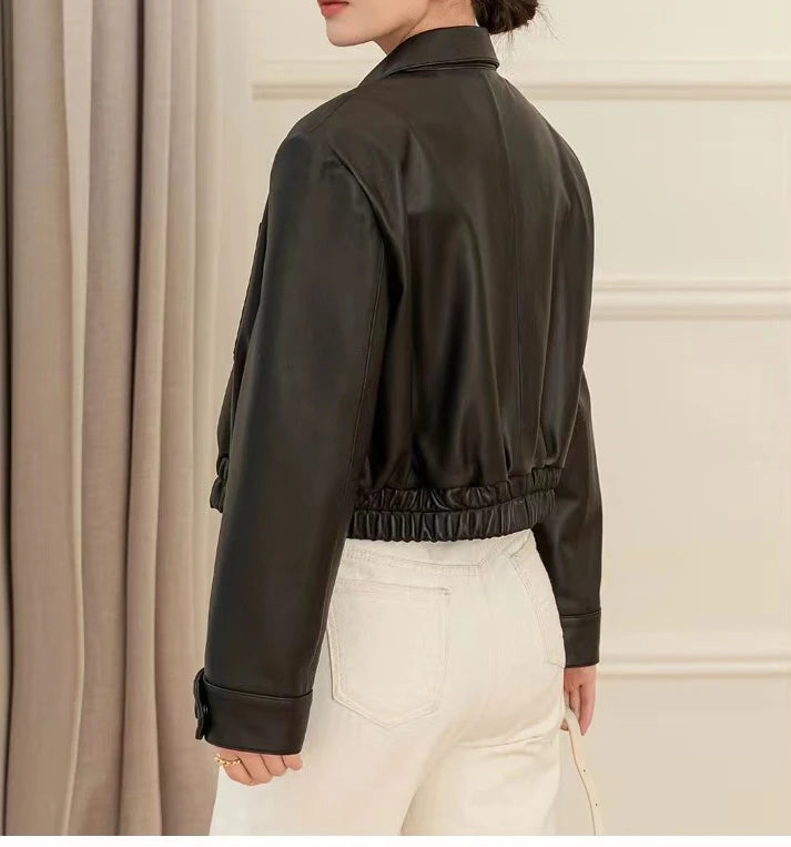 European 2025 New Fashion Short Leather Jacket For Women Casual Elastic Band Waist Top Clothing Mujer Varsity Claret Veste