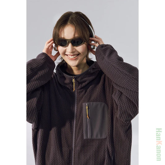 Winter Outdoor Windproof Wavy - Patterned Stand - Collar Zip - Up Jacket Unisex Loose-fitting Casual Warm Windproof Jacket.