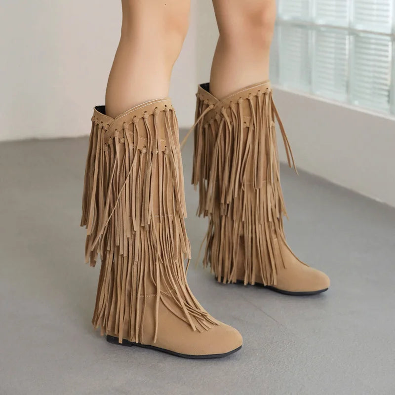 Boots 2025 autumn/winter women's boots casual fringe boots college style flat bottomed high top boots women's shoes