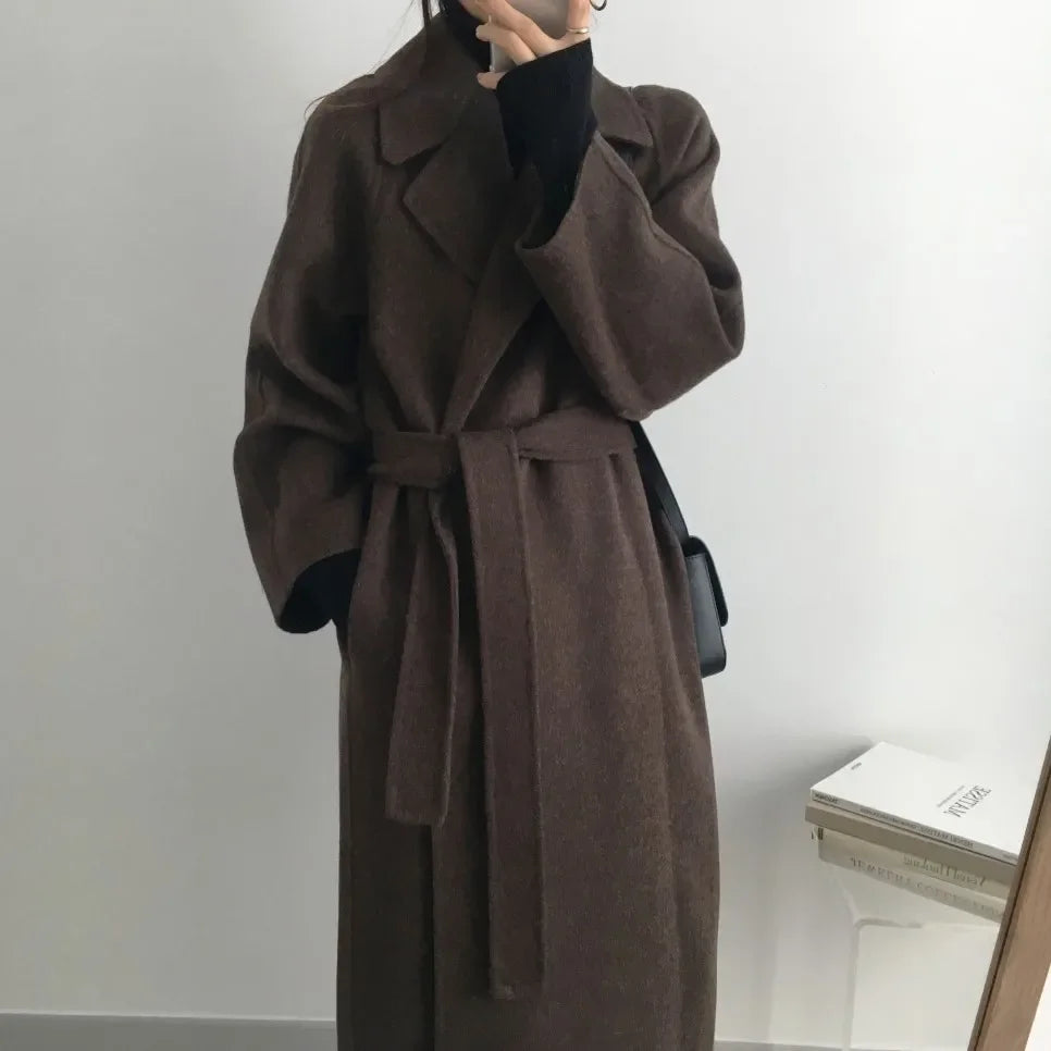 Ele Woolen Coat Women's 2025 Autumn Winter Mid Length Adjustable Waist Thick Casual Long Sve Fashion Wool Coats