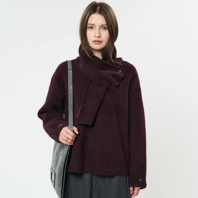Winter wool sweater women's casual solid color round neck long sleeved scarf decoration loose sweater