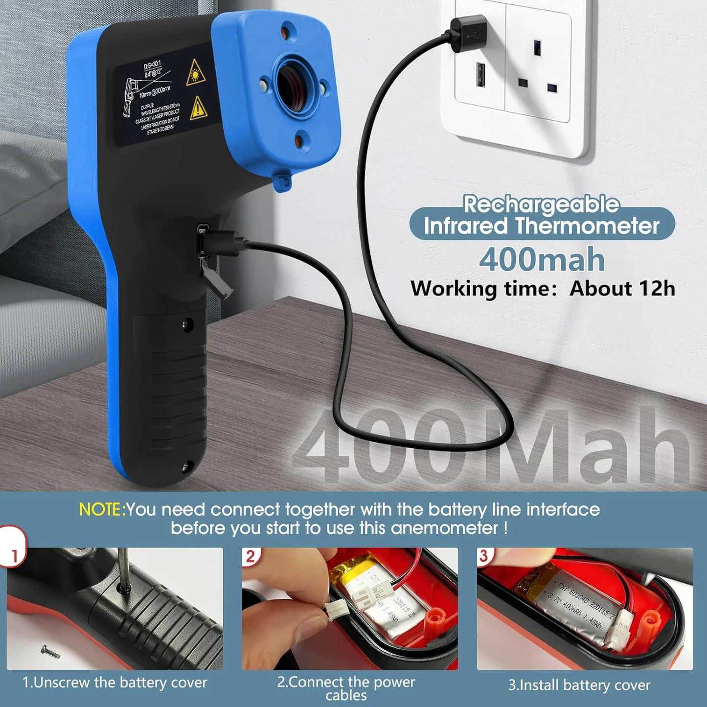 Non-Contact Infrared Thermometer with Laser Targeting - Button-Operated Industrial/High-Temperature Surface Measuring Tool