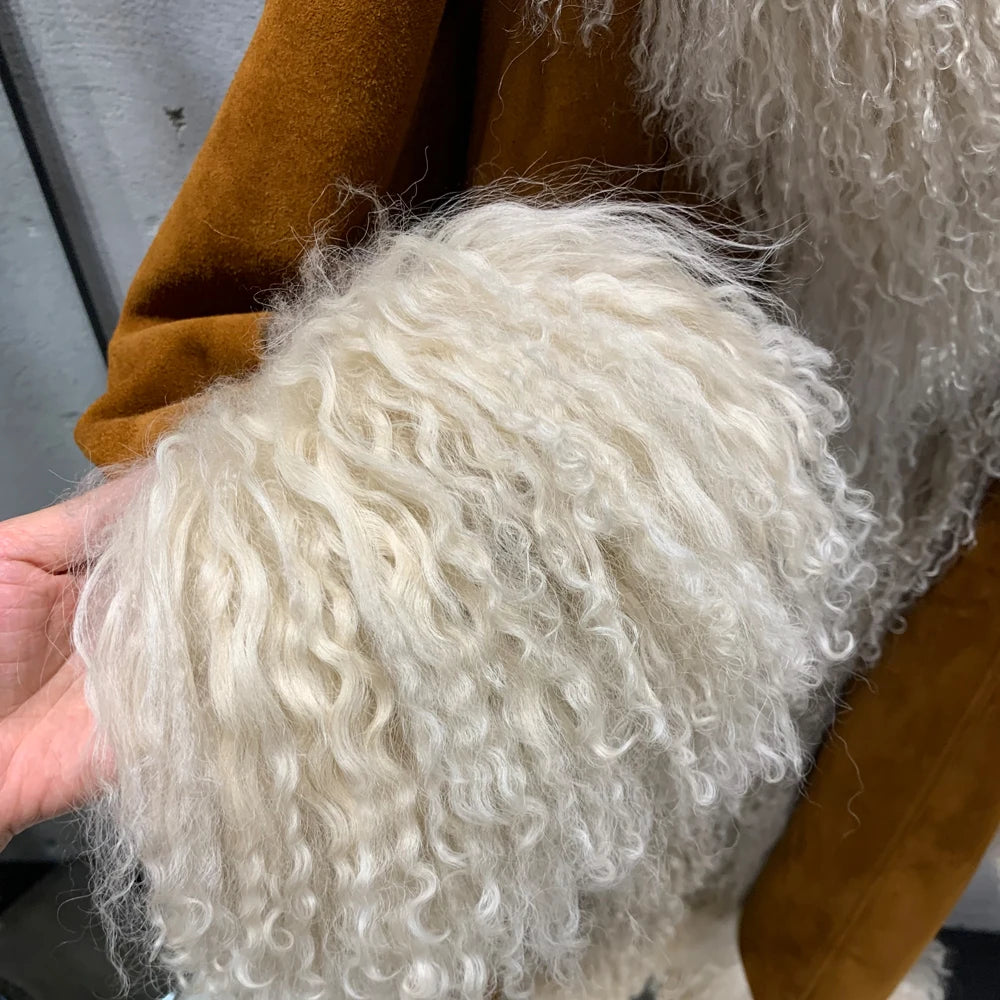 Suede Coat Fur Collar Women Autumn Genuine Sheepskin Coat Long with Mongfolian Fur Trim
