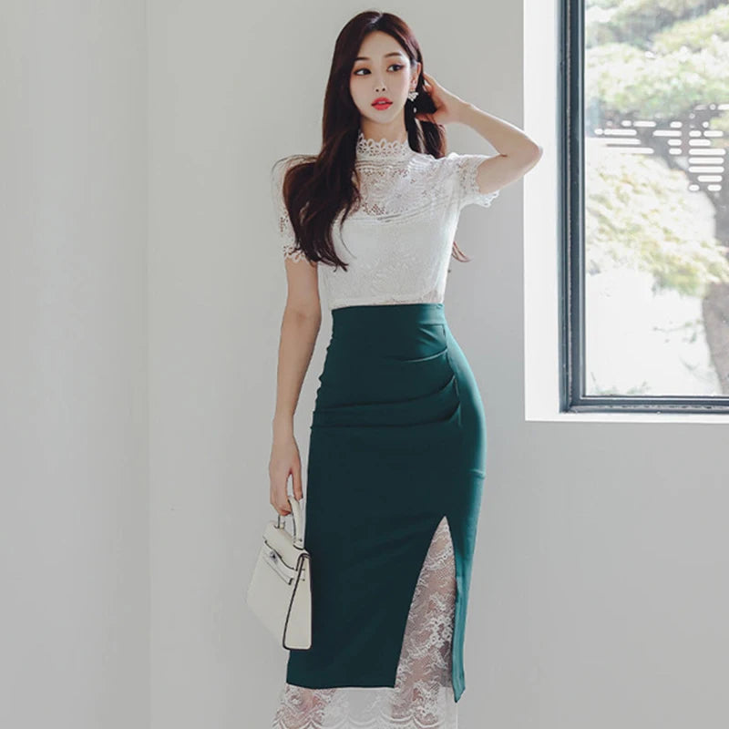 Summer Women Clothes Fashion Elegant 2 Pieces Outfit Sheer Sexy Lace White Tops Shirt Blouse And High Waist Midi Skirt Mujer Set