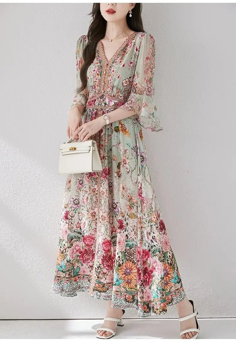 Green Silk Dress for Women in the Summer of 2026 Luxurious High-end Exquisite and Elegant Temperament Mulberry Silk Vacation WLF