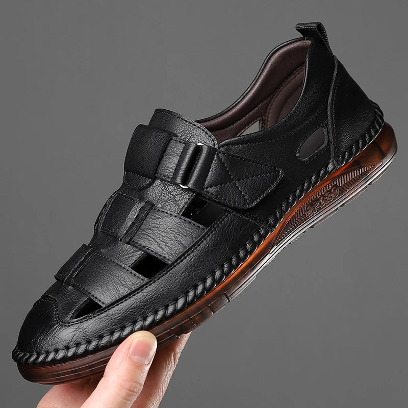 Genuine Leather 2024 Summer Special Offer Men's Business Casual Hollow Work with Holes Leather Sandals Men's Work Hole Sandals