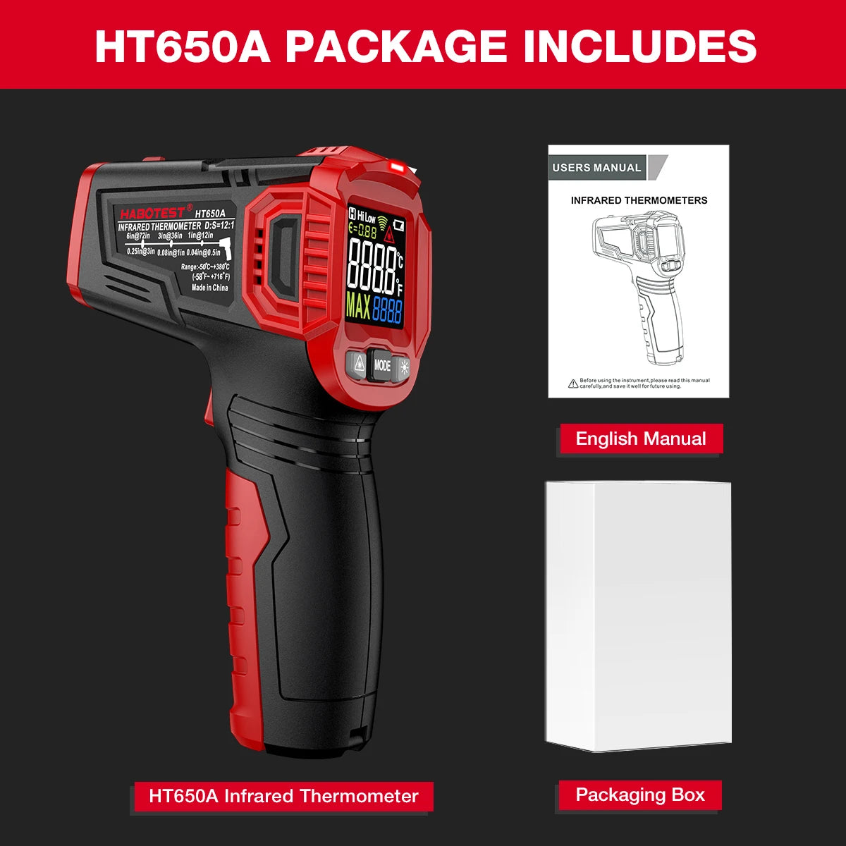 HABOTEST HT650 Digital Infrared Thermometer-50~380/550/800 Laser Non-Contact Pizza BBQ Grill Engine Industry IR Thermometer Gun