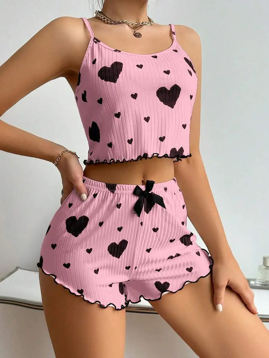 New Women's Pajama Set Knitted Love Printed Sweet Strap Shorts S M L White Breathable Casual Love Printed Home Pajama Set