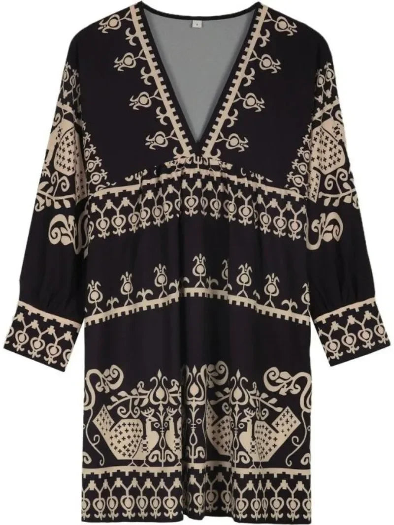 New Women's Spring Loose  V-neck Full Body Printed Fashion Short Skirt Pullover Long Sleeve Dress Bodycon Dress  Summer Dress