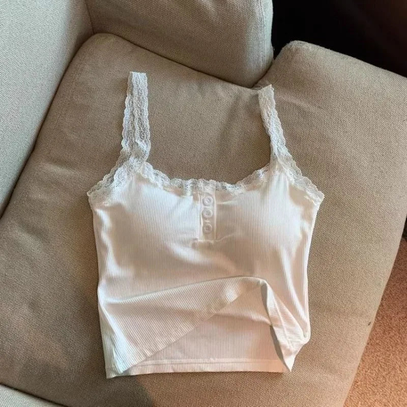 Summer Crop Tops Lace Tank Top Women Cropped Cute Camis  Lace Strap Patchwork Camisole Solid Color Sleeveless Buttons Tank Top
