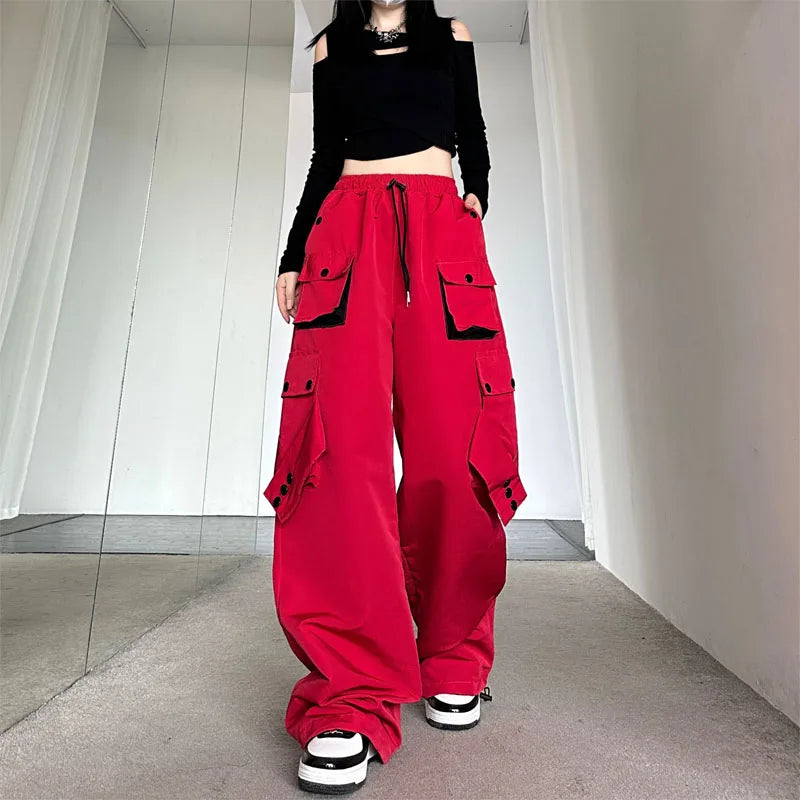 American High Street Workwear Casual Pants Women Loose Color Block Straight Leg Long Pants Pocket High Waist Wide Leg Trousers
