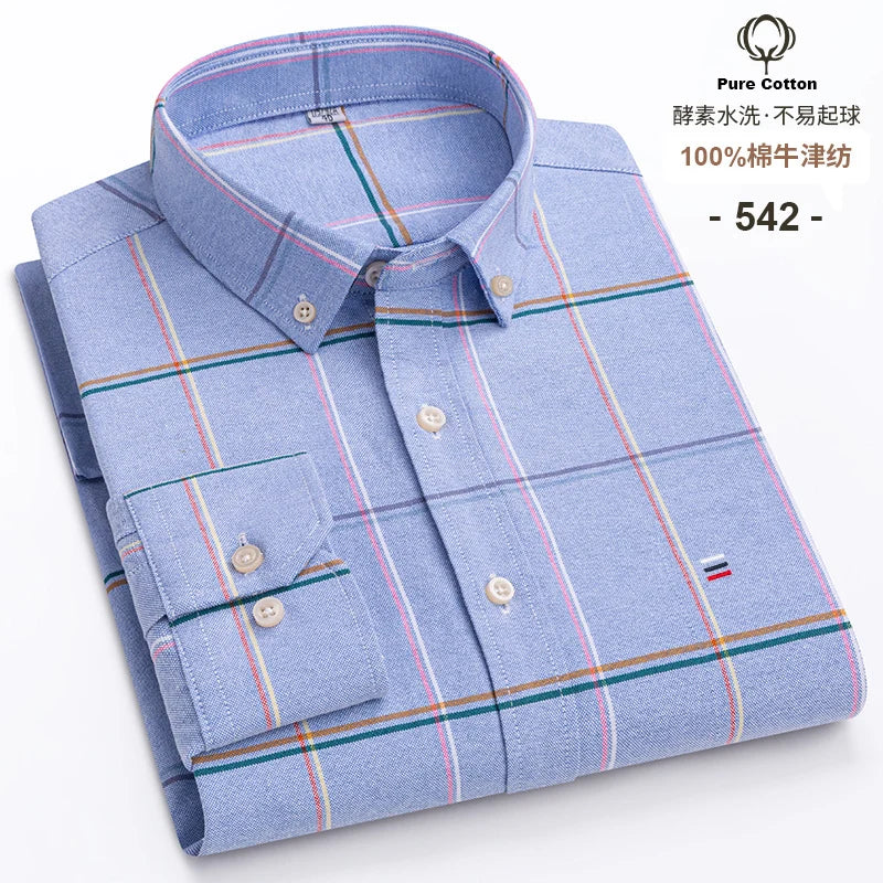 S-6XL Casual Pure Cotton Oxford Mens Shirts Long Sleeve Embroidery Horse Design Regular Fit Fashion Button Man White Dress Shirt