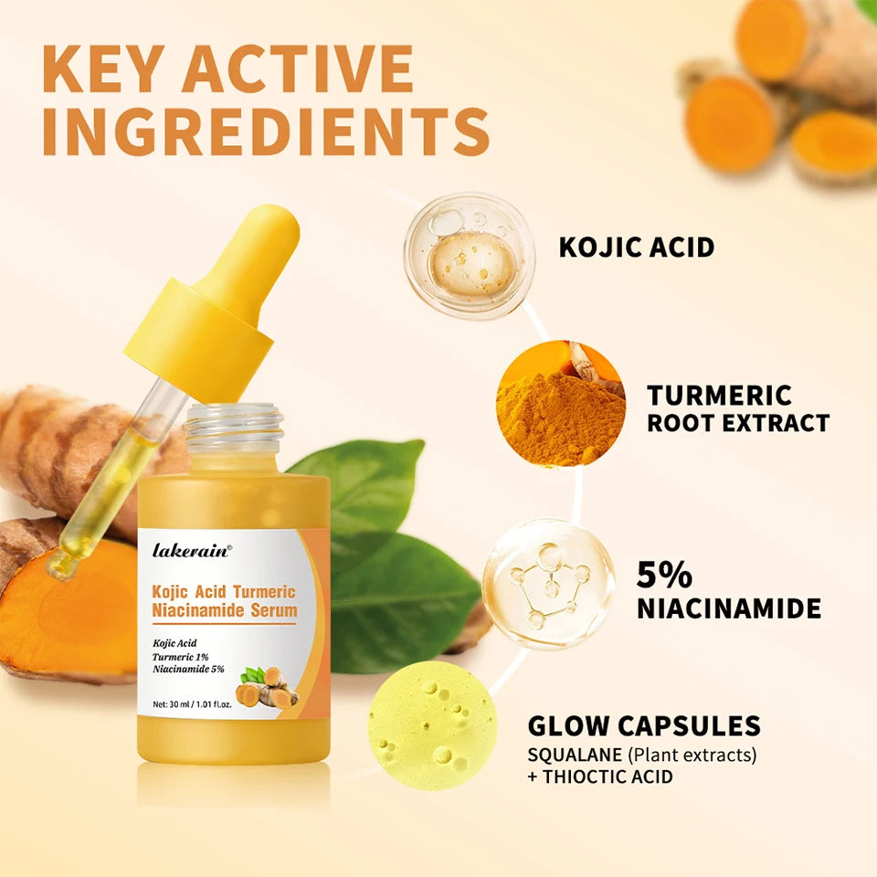 Kojic Acid Turmeric Niacinamide Serum Brighten Skin Tone Soothe Skin Deep Moisturizing Precise Dropper Design Facial Care