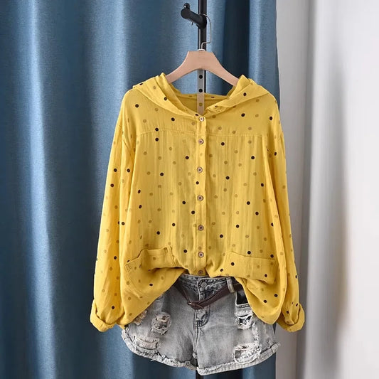 2025 Middle-aged women's clothing 100% cotton yarn hoodies polka dot print shirts long sleeve blouses for women hooded tops