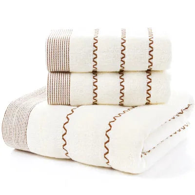 Inyahome Set of 3 Bathroom Cotton Towels Set Embroidered Luxury 2 Hand Towels 35x75cm and Big Bath Towels 70x140cm Washcloth