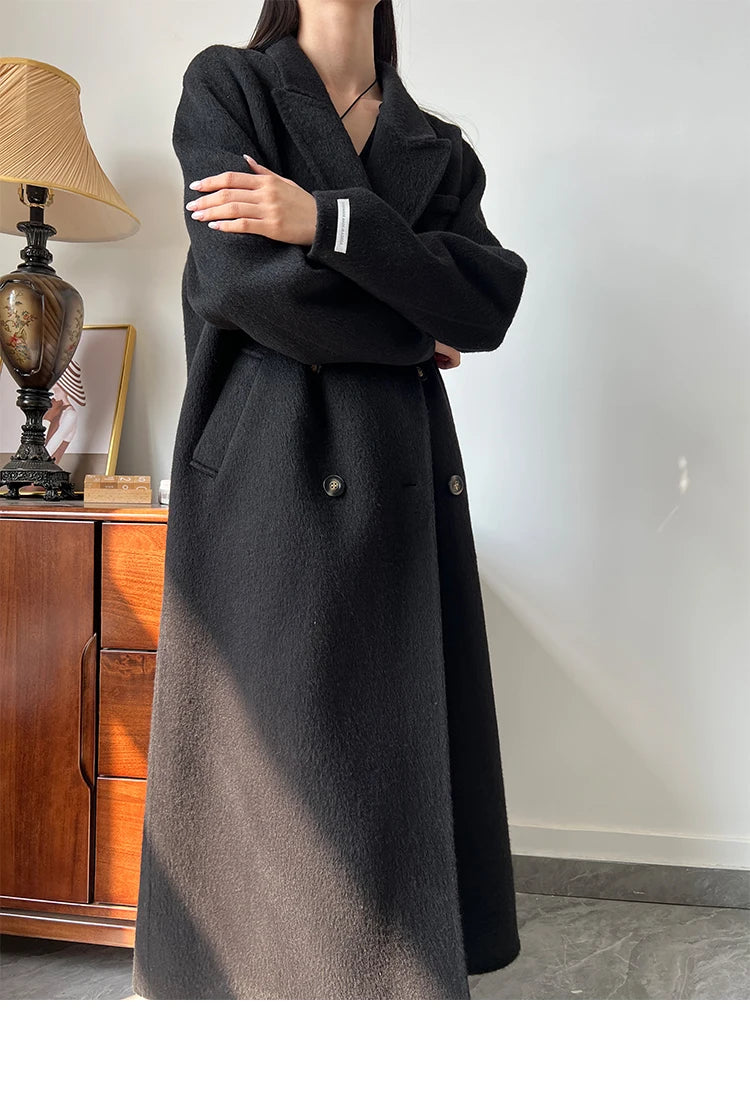 Office Lady Woolen Jackets 2024 Autumn And Winter Suit Collar Double Breasted Warmer Yak Hair Loose Long Women's Wool Coats