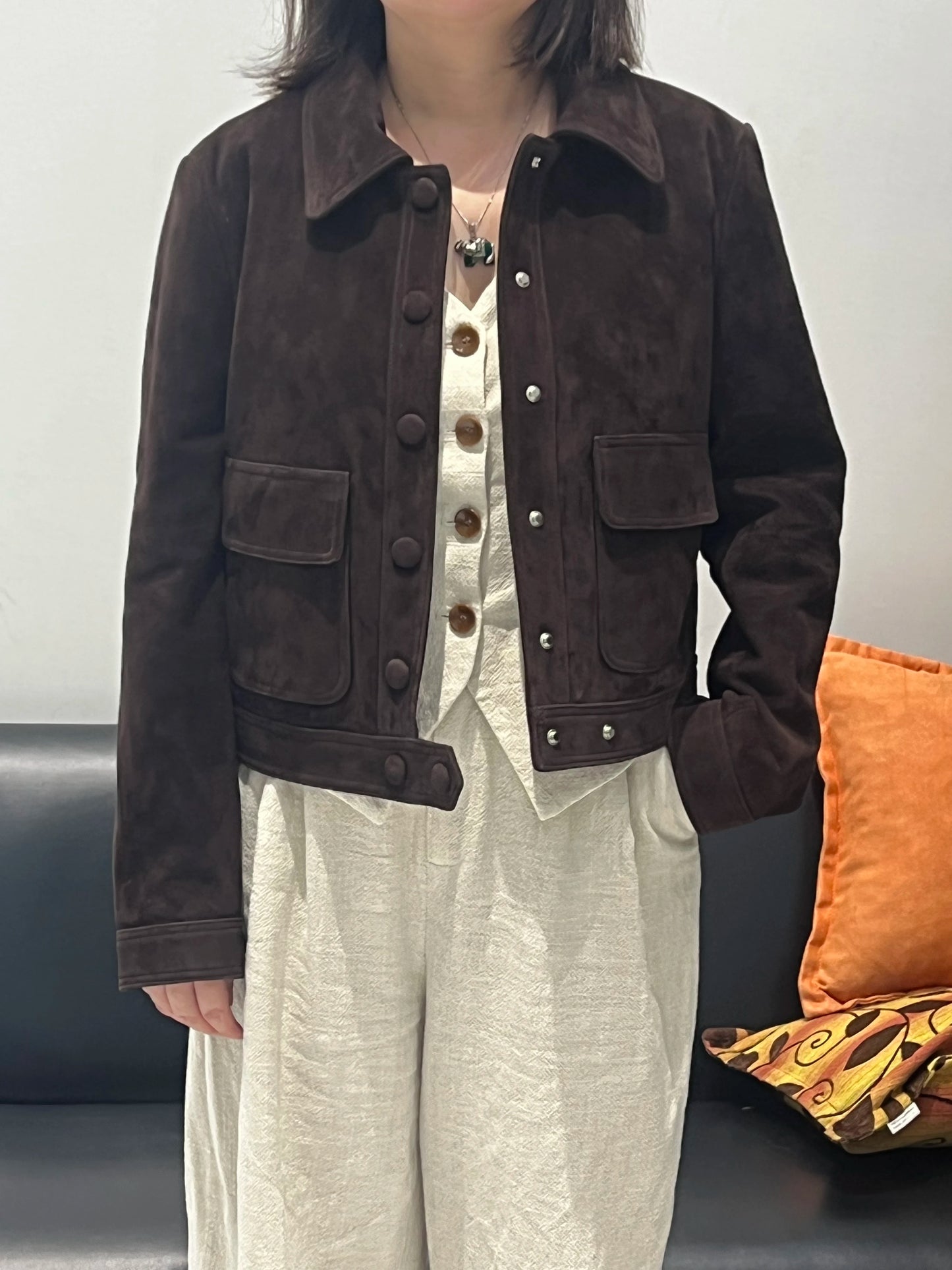 Winter Woman Clothing Old Money Style Retro Chocolate Brown Kid Suede Genuine Leather Jacket Streetwear Collar Slim Short Coat