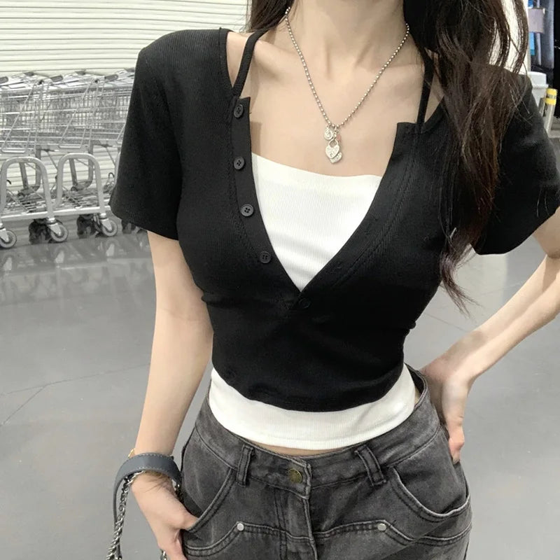 Summer Women Sexy Club Bodycon Tops Lady Hanging Neck Crop Short Sleeved T-shirts Female Fashion Comfortable Black Gray Clothes