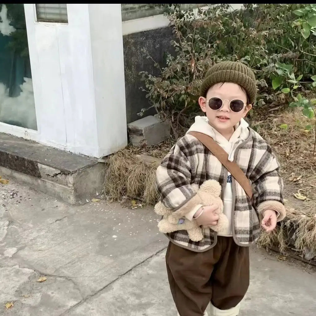 Winter Plush Kids Jackets Kids Outdoor Thicken Warm Coats Woolen Fashion Plaid Children's Velvet Jacket Boys Girls Cotton Jacket