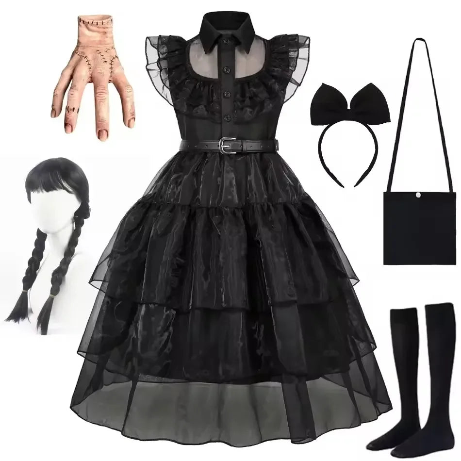 Black Dress Girls TV Series Role Playing Halloween Costume Toddler Adams Weirdo Family Cosplay Apparel