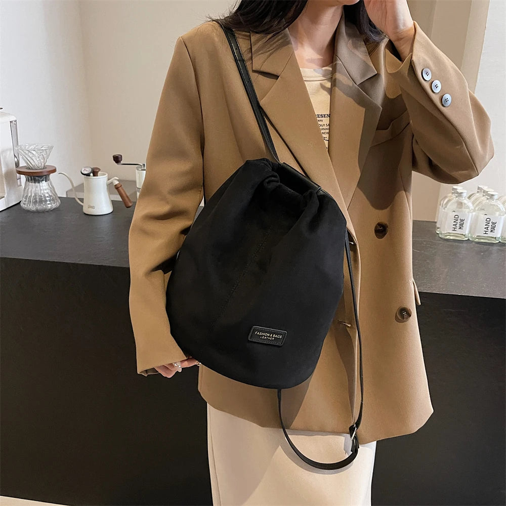 2024 Latest Women Fashion Backpacks Drawstring Bucket Shoulder Bags Soft Suede Large Capacity Rucksack For Travelling Shopping