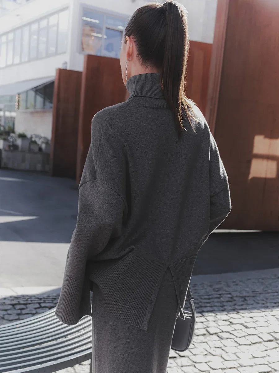 Wolfeel Winter New Thick Women's 2 Pieces Knitted Skirt Suits Soft Turtleneck Sweater Wide Skirt Knitted Outfit Stylish Warm