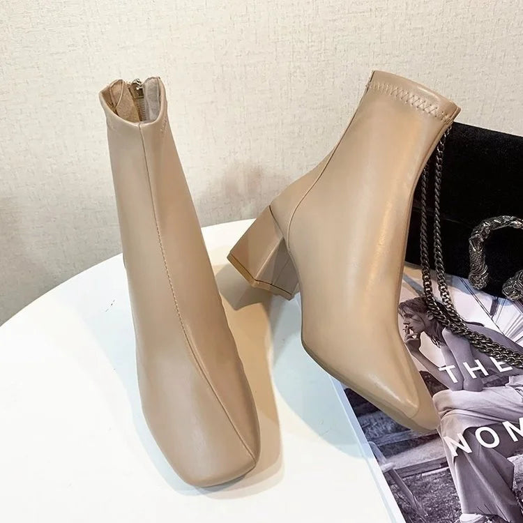 Ladies Bla High Heel ort Boots Spring Autumn Briti Sle Square Head  Boots Faionable Waterproof PU Leather